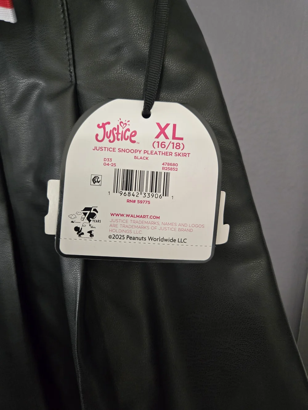 Justice Black Faux Leather Pleated Skater Skirt with Snoopy Stripe Belt